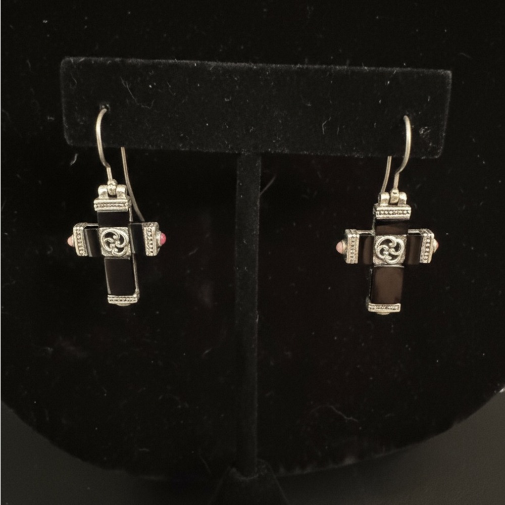 Elegant sterling Silver and Black onyx Cross Earrings
